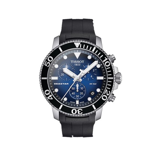 圖片 原廠代理店 SEASTAR 1000 海星石英三眼計時膠帶手錶  T120.417.17.041.00 漸層藍膠帶