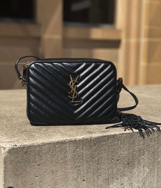 圖片 Saint Laurent 612544 YSL Lou 衍縫小牛皮相機流蘇包 黑色/銀字Logo