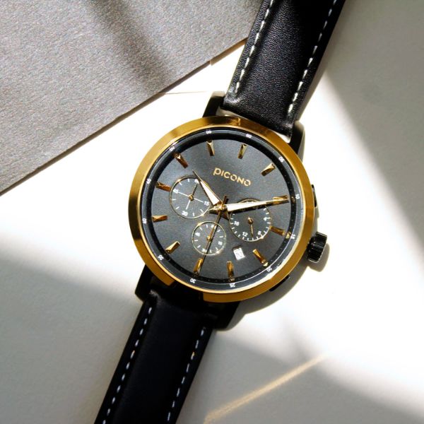 圖片 D-Time 真三眼多功能系列真皮錶帶手錶 DT-9201 金色/黑色
