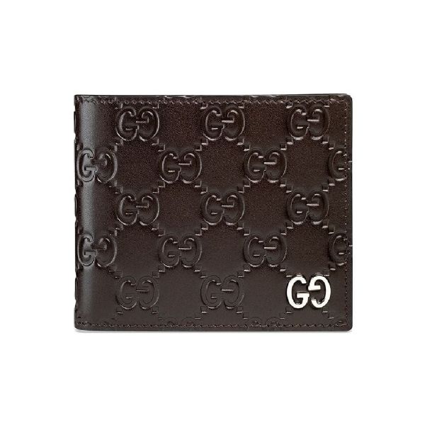 圖片 GUCCI 真皮雙G銀色logo 經典深棕色GG壓紋 八卡短夾 男夾 473916CWC1N