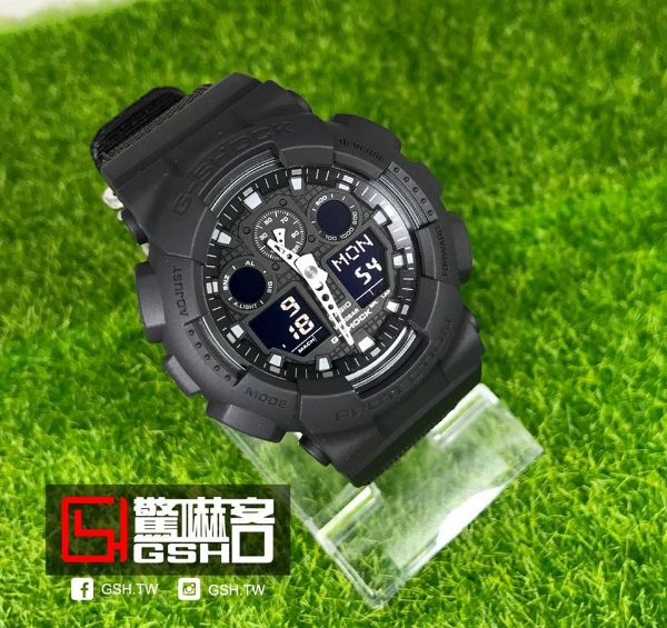 圖片 G-SHOCK 指針 尼龍布料錶帶 運動錶 -黑X灰 GA-100BBN-1A