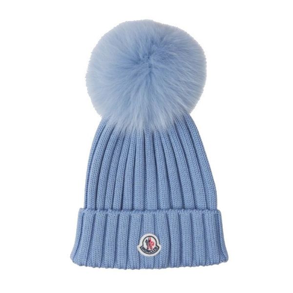 圖片 MONCLER 保證真品 基本款淺藍色頭頂毛球毛帽  3B70201 A9327714