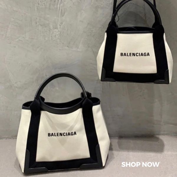 圖片 Balenciaga 339933 S 經典黑白配色徽標帆布 手提托特包
