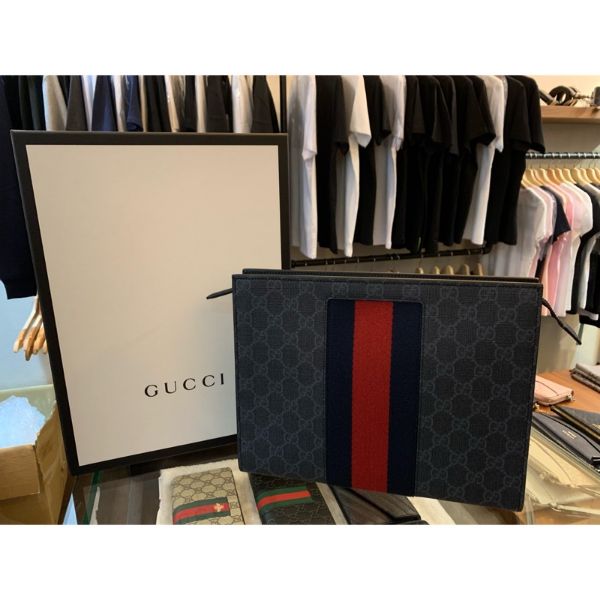 圖片 Gucci 經典 藍紅織帶 黑灰色防刮滿版手拿包