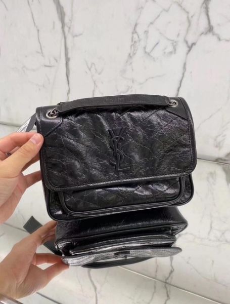 圖片 Saint Lauent 633160  YSL Niki Baby 復古皺褶小牛皮銀鏈 包 黑色