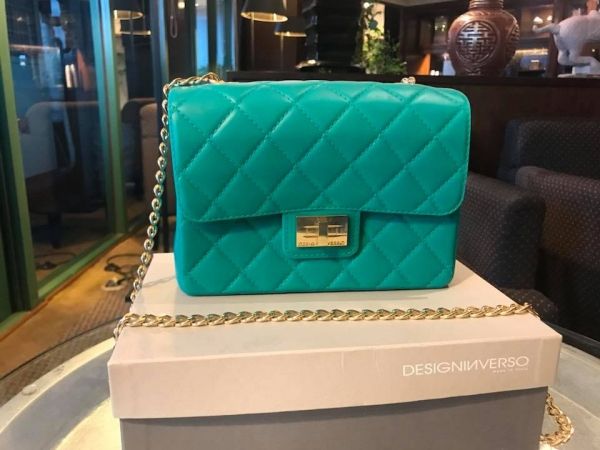 圖片 DesignInverso Milano 義大利果凍菱格紋18K鍍金金鍊包 森林綠