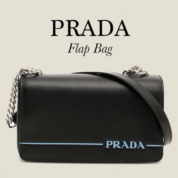 圖片 Prada 1BD154 光滑小牛皮 Logo滑動鍊帶翻蓋包黑色