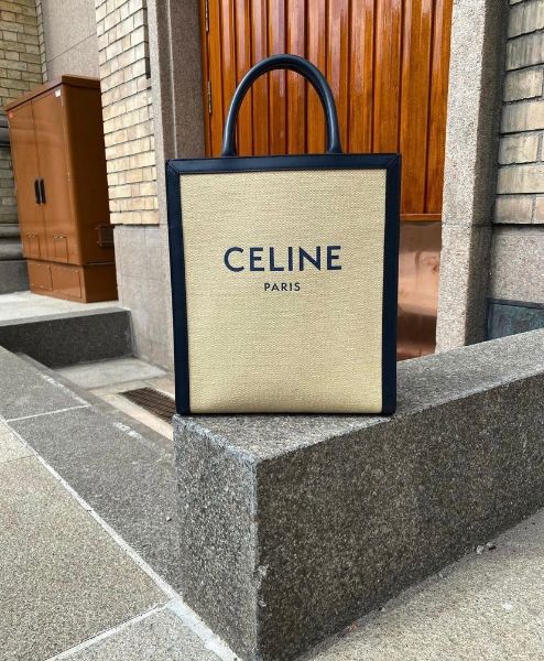 圖片 Celine Triomphe 小款凱旋門 帆布拚小牛皮2用 Cabas 托特包 米黃色 / 海藍色