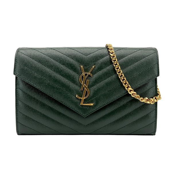 圖片 YSL Monogram V字縫線牛皮金logo斜肩/手拿包(377828-墨綠)