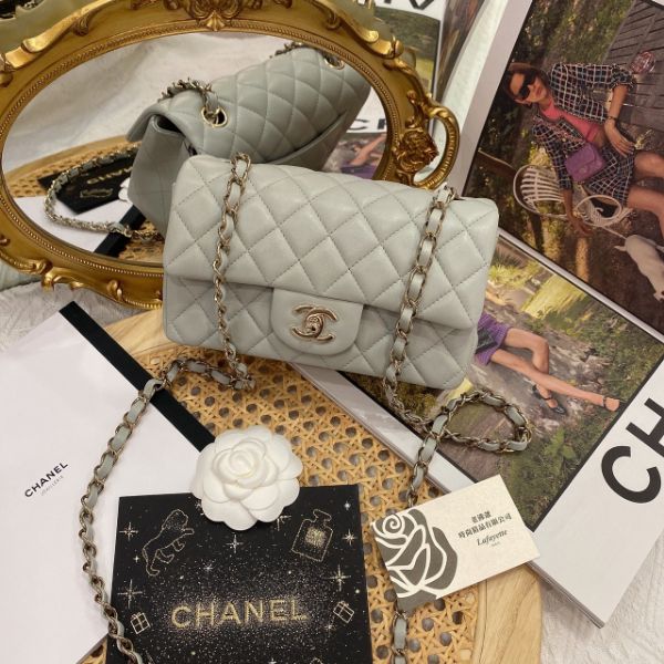 圖片 CHANEL 23C灰綠羊皮淡金釦20CM