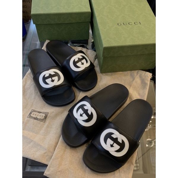 圖片 Gucci 經典 雙G 黑白設計 男生拖鞋 限時優惠