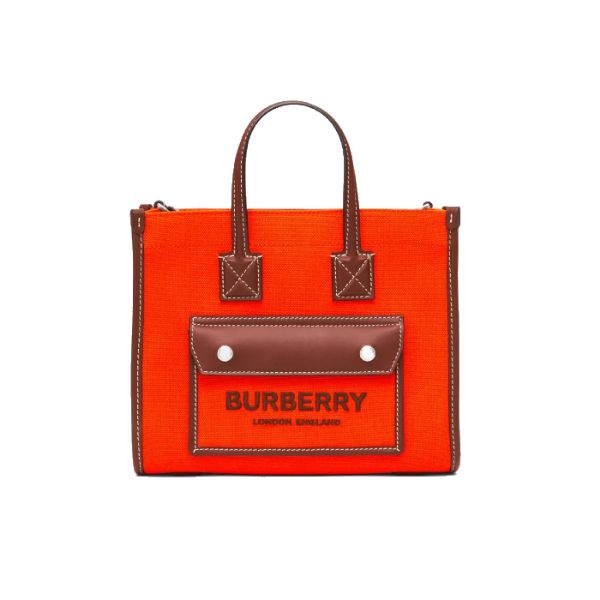 圖片 BURBERRY Freya 迷你雙色帆布拼皮革芙蕾雅托特包 橘色  8055754