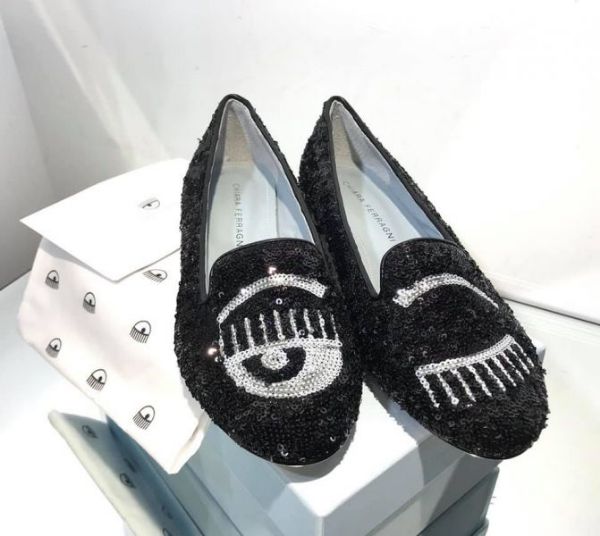 圖片 Chiara Ferragni CF1219 黑白對比亮片眨眼低跟樂福鞋 IT 36/38