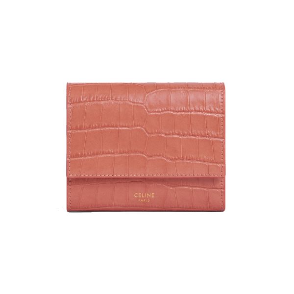 圖片 CELINE 經典燙金LOGO鱷魚紋壓花小牛皮短夾三折錢包 荔枝色  10B573BFY.27LY
