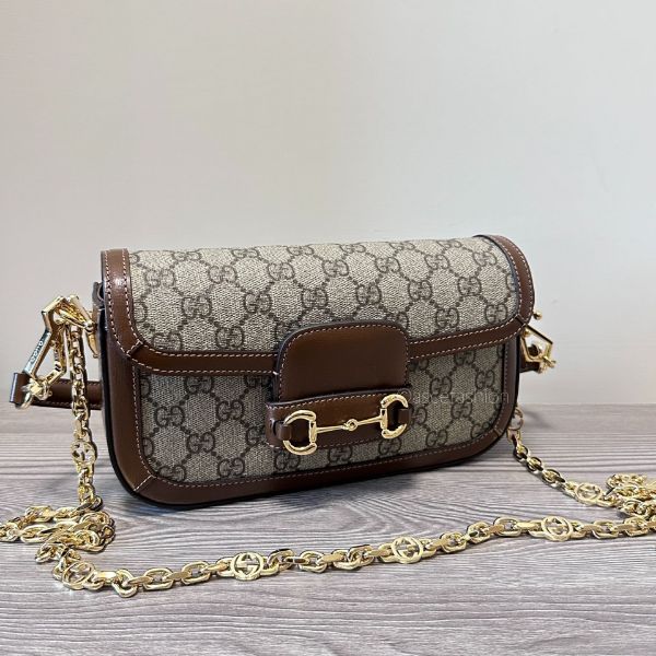 圖片 Gucci 1955 Horsebit 金扣GG老花棕色肩背二合一鍊包