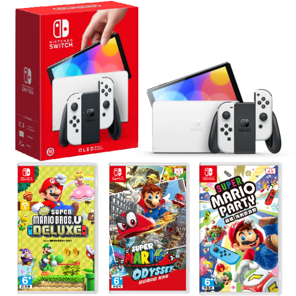 圖片 【新手套餐】任天堂 SWITCH NS OLED 主機 黑色主機 白色手把 控制器 遊戲三款 超值優惠組