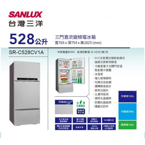 圖片 SANLUX【台灣三洋】528L 1級變頻3門電冰箱 SR-C528CV1A