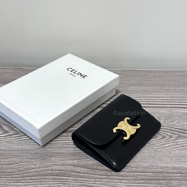 圖片 Celine 凱旋門金扣logo黑色皮革信封卡包