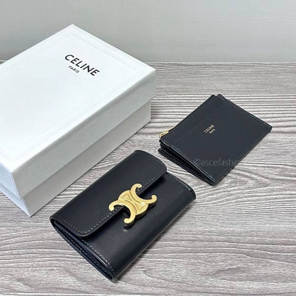 圖片 Celine 凱旋門金扣黑色皮革可拆式二合一短夾