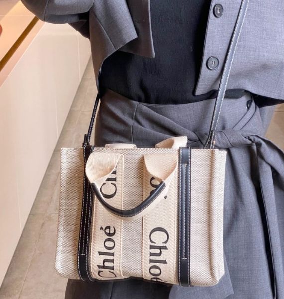 圖片 2023新季品❥Chloe Woody 藍色皮革飾邊絲帶棉質帆布手提包 附有肩帶 小款