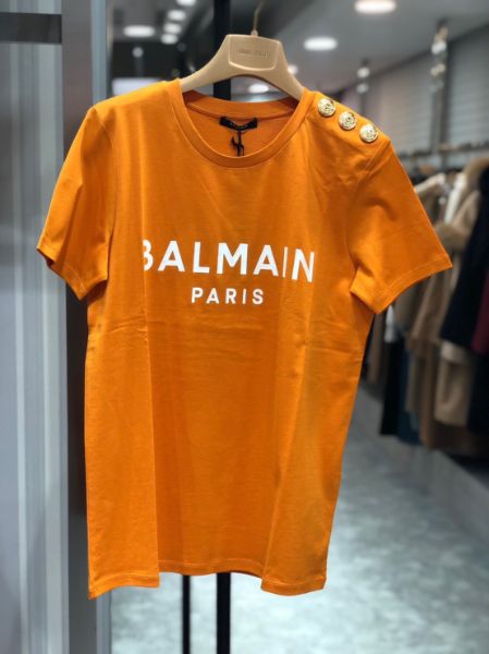 圖片  Balmain 女款鈕扣印花Logo徽標長版短T上衣  橙色  XS/S/M