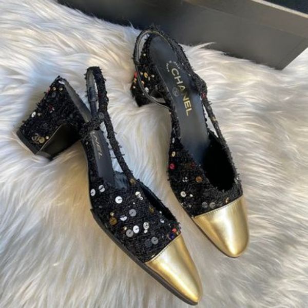 圖片 Chanel 黑金tweed亮片低跟鞋
