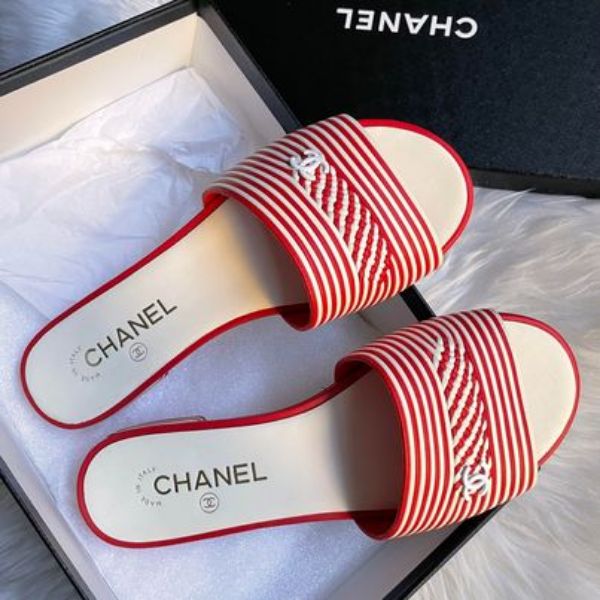 圖片 Chanel 紅白編織條紋拖