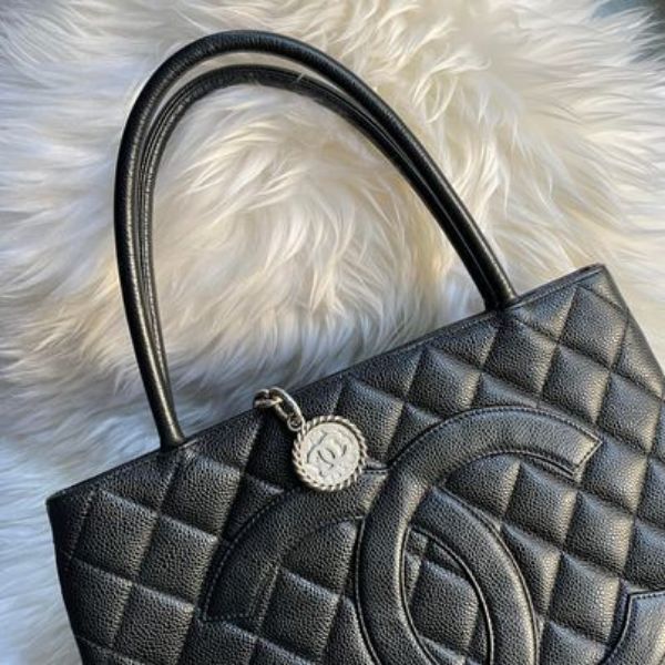 圖片 Chanel vintage 黑銀荔枝希爾頓手提包