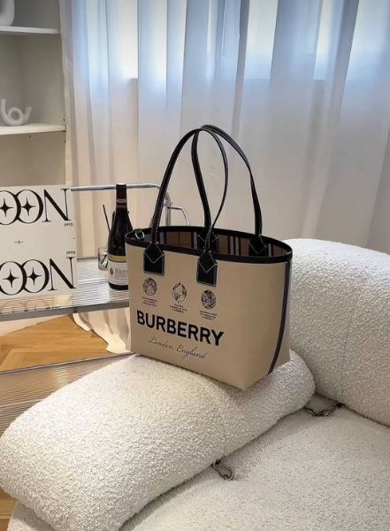 圖片 【BURBERRY】LONDON棉質拼皮革托特包小號