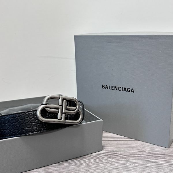 圖片 Balenciaga 3.5cm BB 銀頭鱷魚皮紋黑色皮帶