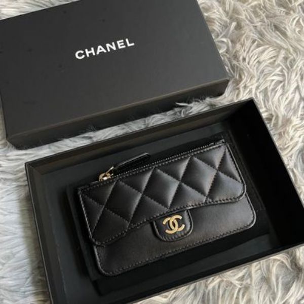 圖片 Chanel 黑金菱格羊皮拉鍊零錢卡包