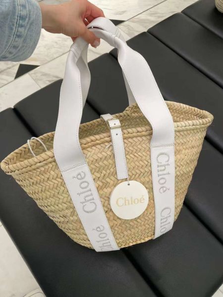 圖片 Chloe Sense 中款皮革飾帶草編包 水晶白