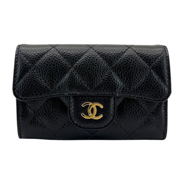 圖片 CHANEL 香奈兒 經典 荔枝紋小牛皮與金色金屬 口蓋卡片夾 黑色  AP0214Y01864C3906