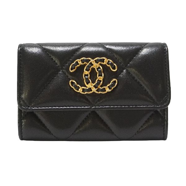 圖片 CHANEL 香奈兒 經典 光滑小羊皮與金色金屬 口蓋卡片夾 黑色  AP1790B0485294305