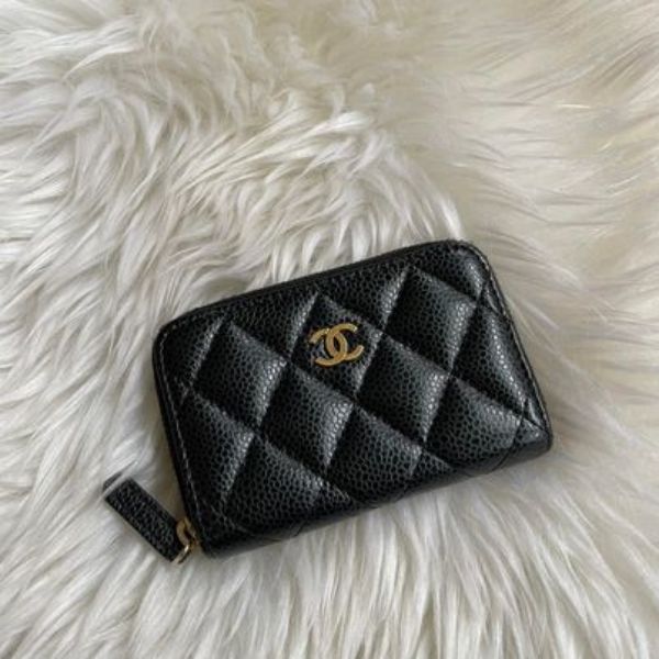 圖片 Chanel 黑金荔枝拉鍊零錢卡包
