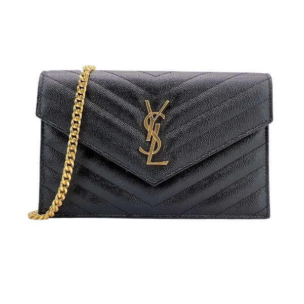 圖片 YSL Monogram V字縫線魚子醬牛皮金logo斜背/肩背信封包-19cm(695108-黑)