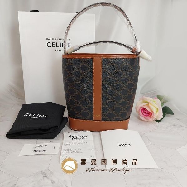 圖片 【雪曼國際精品】CELINE TRIOMPHE 黃褐色帆布及小牛皮BUCKET小型手袋／水桶包~全新品／全配／現貨