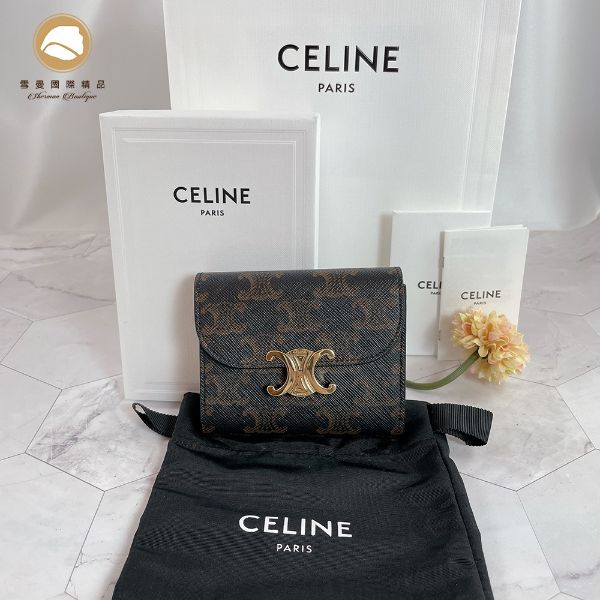 圖片 【雪曼國際精品】CELINE TRIOMPHE黃褐色帆布及小牛皮小型三折短夾錢包～全新品／全配／現貨