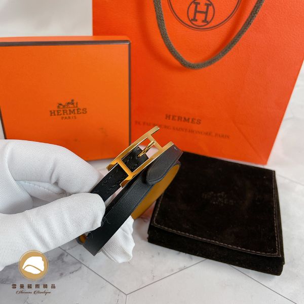 圖片 【雪曼國際精品】Hermes 愛馬仕經典Hapi 3系列小牛皮H LOGO穿釦雙圈手環(黑X金)S號～二手商品9.5成新