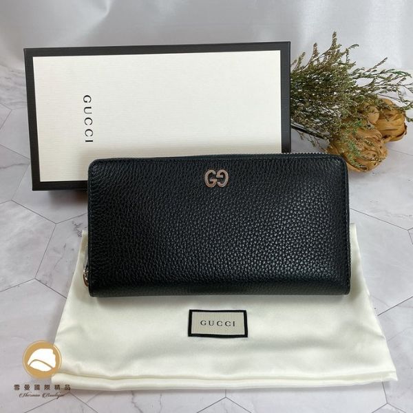 圖片 【雪曼國際精品】GUCCI 銀色雙G LOGO黑色牛皮防刮壓紋拉鍊式長夾～全新品現貨