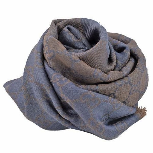 圖片 【雪曼國際精品】GUCCI 古馳經典GG緹花線條羊毛混絲斜紋雙色流蘇披巾/圍巾(藍咖啡X紫寶藍色/140X140cm)