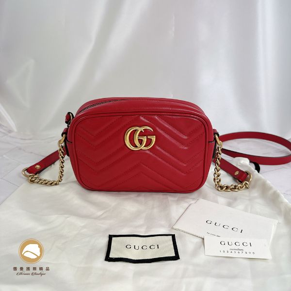 圖片 【雪曼國際精品】GUCCI 448065 GG Marmont金色雙G LOGO紅色絎縫牛皮相機包 (小款)，二手商品9成新