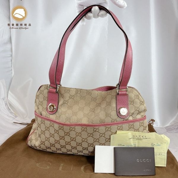 圖片 【雪曼國際精品】GUCCI 163288 經典雙G緹花布粉紅色皮革把手飾邊手提/肩背包～二手商品8成新