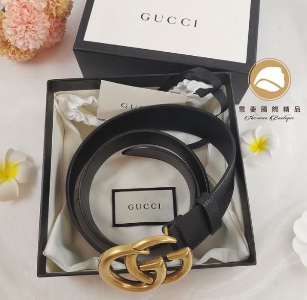 圖片 【雪曼國際精品】GUCCI 經典仿舊金屬雙G LOGO黑色小牛皮釦式腰帶/皮帶～長90公分／寬4公分~二手商品9.3成新