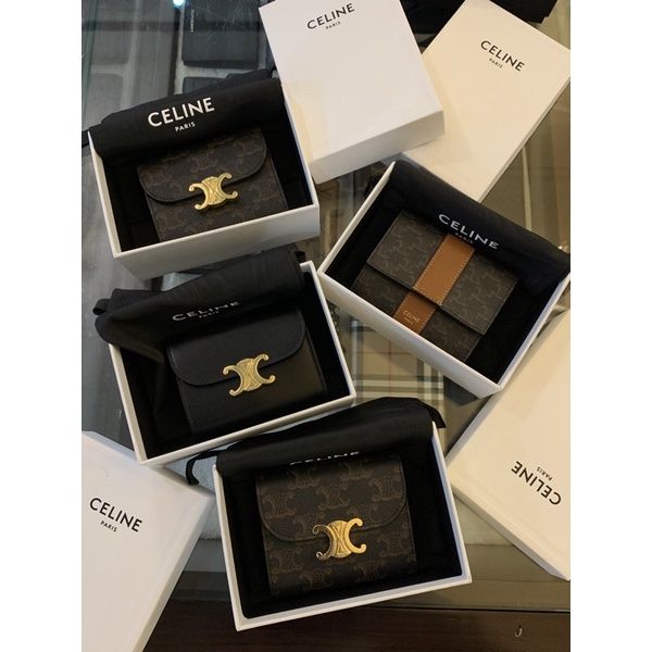 圖片 Celine 經典凱旋門logo 搭配老花、素面黑色 女生三折短夾