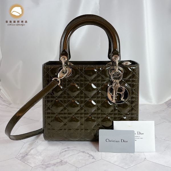 圖片 【雪曼國際精品】 DIOR Lady Dior 漆皮墨綠色中號手提／肩背包／黛妃包～二手商品9成新
