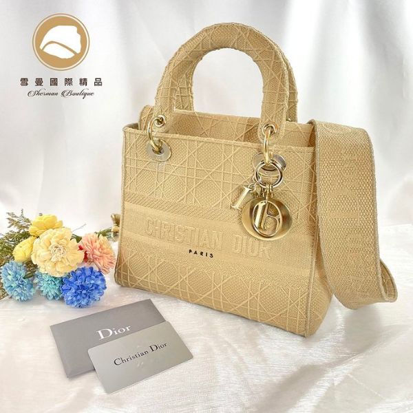 圖片 【雪曼國際精品】DIOR 中碼 LADY D-LITE 米色 Cannage 藤格紋刺繡~二手美品~9.5成新