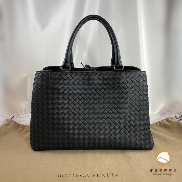 圖片 【雪曼國際精品】 BV BOTTEGA VENETA 223377 黑色小羊皮雙層編織手提包／購物包～二手商品9.8成新