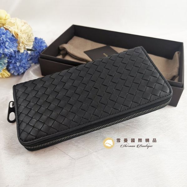 圖片 【雪曼國際精品】 BV BOTTEGA VENETA 黑色ㄇ字款皮革編織拉鍊長夾─全新品現貨
