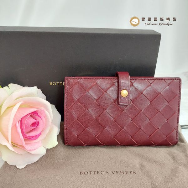圖片 【雪曼國際精品】 BV BOTTEGA VENETA 棗紅色皮革編織拉鍊中夾~二手商品9成新